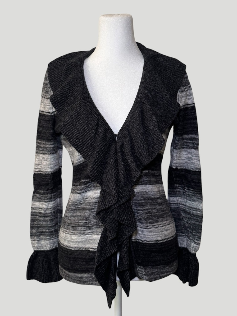 White House Black Market Grey Striped Ruffle Bell Sleeve Cardigan Sweater